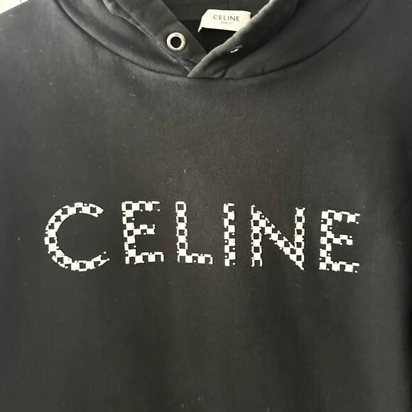 Celine Black Loose Oversized Checkered Studded Logo Drawstring Hoodie Small Read - Picture 7 of 11